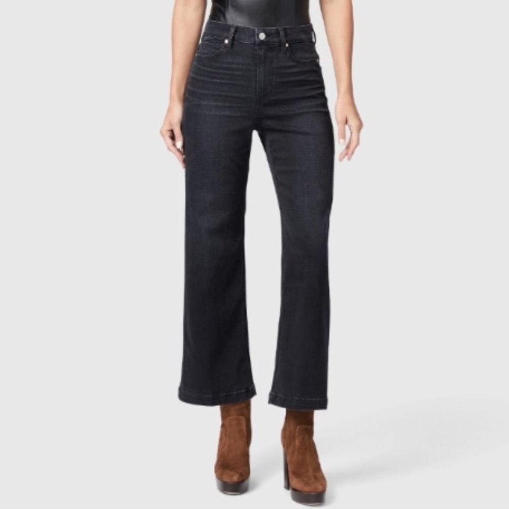 PAIGE Anessa High Rise Wide Leg Cropped Jeans Black Willow Distressed 26 7643F60